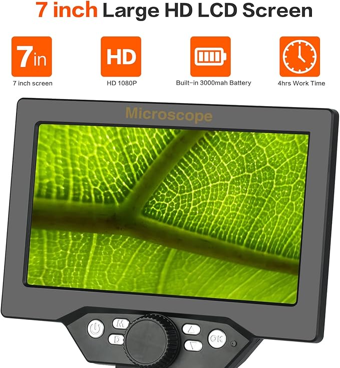 Koolertron 7" LCD Digital Microscope 12MP 1-1200X Magnification - Handheld USB Microscope Camera with 32GB TF Card, 8 Adjustable LED Lights & Rechargeable Battery - Portable for Coin/PCB/Insect/Rock
