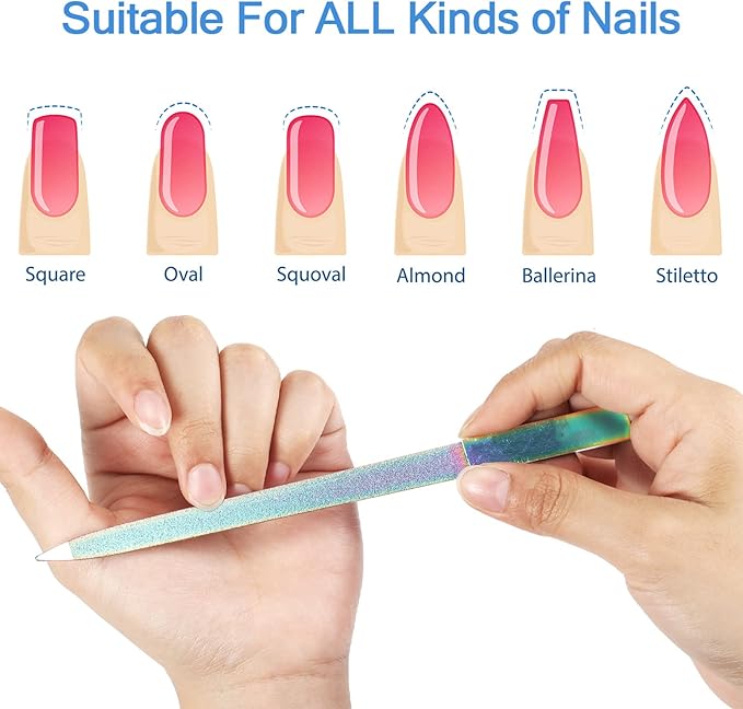 Mudder 3 Pcs Diamond Nail File Set Stainless Steel Double Side Nail File Metal Sapphire Buffer Manicure Files Natural Nails Emery Boards for Salon Home and Travel Women (Rainbow Color)