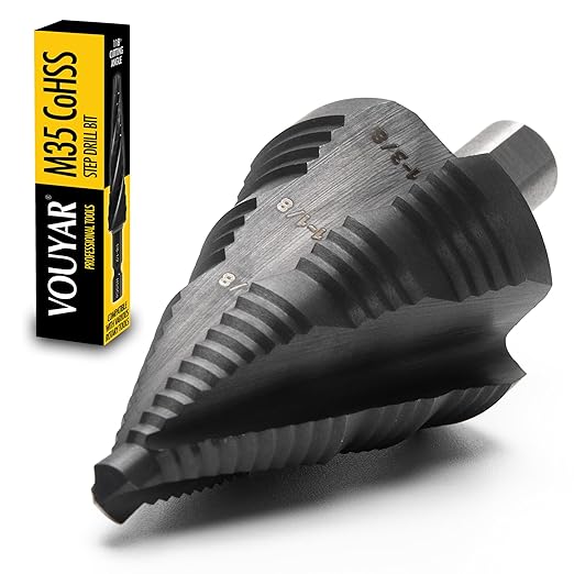 Four Spiral Flute Cobalt Step Drill Bit, 1/4" - 1-3/8" M35 TiAlN Coating Impact Ready Unibit Step Drill Bit, Tri-Flat Shank Shank Step Bit for Metal, Stainless Steel, Aluminum, Plastic