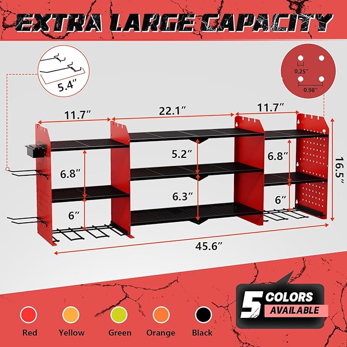 Power Tool Organizer Wall Mount with Charging Station, 45.5" Expanded Garage Wall Tool Organizer with 4 Pegboard Hooks, 6.5FT Outlet Power Strip, Large Garage Storage Rack for Impact Wrenches