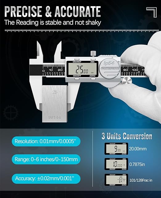 Digital Caliper 12 Inch, (ABS) Absolute Scale Caliper, IP54 Caliper Measuring Tool, Inch/MM/Fraction, Auto-Off LCD Stainless Steel Waterproof Micrometer Vernier Caliper, Feeler Gauges
