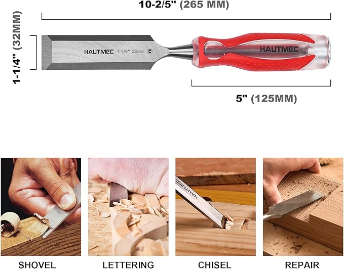 HAUTMEC 1-1/4" Wood Chisel with High-Impact Drop-Forged CRV Steel Blade, Extended Anti-Skid Shock-Absorbing Handle, Professional Grade Beveled Edge Blades & Heavy-Duty Strike Cap – HT0363