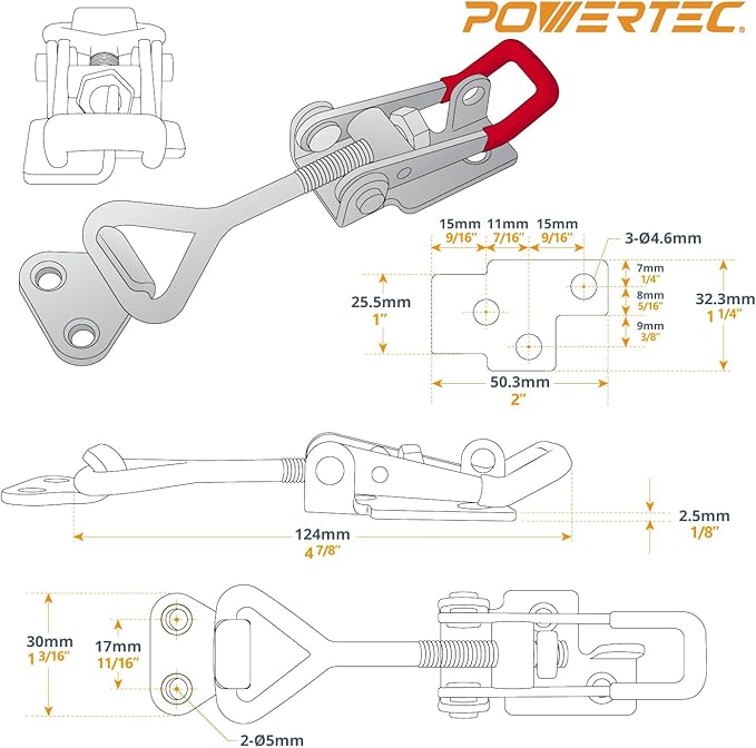 POWERTEC 6PK Toggle Clamp, 400 lbs Holding Capacity, 4002 Adjustable Pull Action Latch for Smoker, Tool Box, Woodworking Jigs and Fixtures, Cabinet, Tool box, Door (20312-P3)