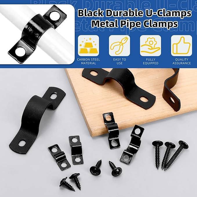 Glarks 75pcs 8mm Pipe Strap Clamp, Black Carbon Steel 2 Hole Strap Heavy Duty Rigid Pipe Strap U Bracket Tube Strap Cable Clamp Hanger Tension Tube Clip with screw for Pipe Tube Cable Fixing