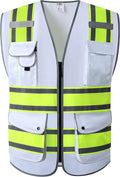 JKSafety 9 Pockets High Visibility Zipper Front Safety Vest | White with Dual Tone High Reflective Strips | Meets ANSI/ISEA Standards (901-White, Large)