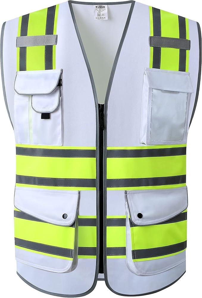 JKSafety 9 Pockets High Visibility Zipper Front Safety Vest | White with Dual Tone High Reflective Strips | Meets ANSI/ISEA Standards (901-White, XX-Large)