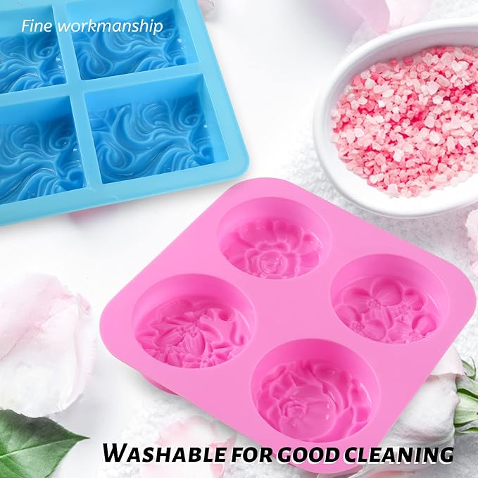 Sakolla 2 Pack Silicone Soap Molds, 4 Cavities Rectangle Wave and Round Flower - Image 4
