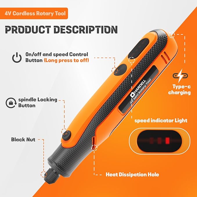 HARDELL Mini Cordless Rotary Tool 4V, 15000RPM 3-Speeds Rotary Tool, Type-C Charging, Multifunctional Accessories for Craving, Sanding, Grinding, Polishing, Small DIY Crafts, Resin Molding