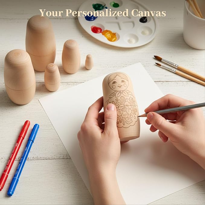 Koogel 6 Set Blank Nesting Dolls, Unfinished Wood Crafts Russian Dolls - Image 3