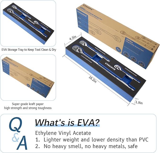 Long Ratchet Wrench Set, 1/4", 3/8", 1/2" Drive Long Handle Ratchet 3pcs Set, 72-Tooth Reversible Quick-Release, CR Steel and CR-MO Head, with EVA Storage Tray