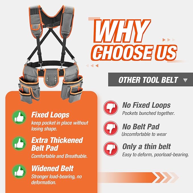 Tool Belt with Suspenders, Heavy-Duty 24-Pocket Work Belt for Electrician, Carpenter, Construction, Detachable & Adjustable Tool Pouch Bag for Men -Fits Waists 33"-48"