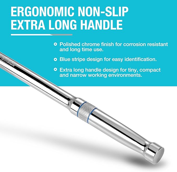 DURATECH Extra Long Handle 1/2-Inch Drive Ratchet, 90-Tooth Ratchet Wrench with 15" Handle and Dust Proof Teardrop Enclosed Head, Reversible, CR-V Steel Made, CR-MO Head, Full Polished, Gifts for Men