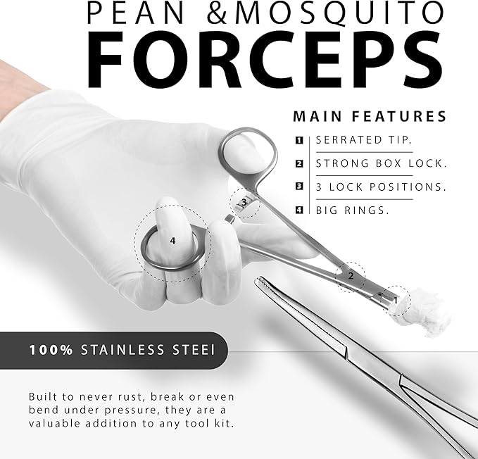 Hemostats ROCHESTER PEAN Forceps Locking Pliers Clamps Tongs Full Serrated Stainless Steel set (Curved 5,6.25,7.25, 8,10,12 Inches 6 pcs Set)
