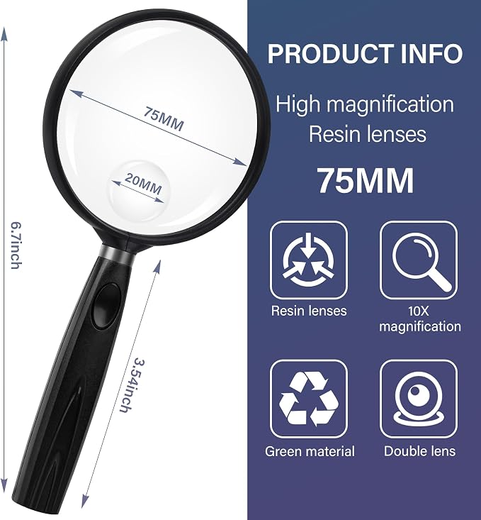 Feosky Handheld Reading Magnifier, 10X Magnifier, 75mm Shatterproof Lens - Image 2