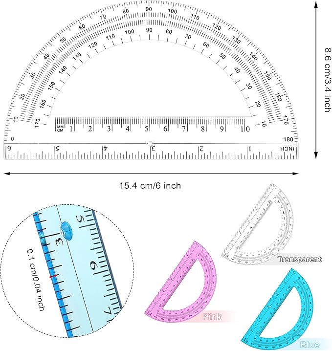Zonon 36 Pack 6 Inch Plastic Protractor Back to School Protractors 180 Degrees Pink Blue Clear Protractors for Classroom Math Teacher Student Office Supplies