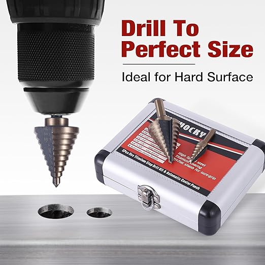 Step Drill Bits, 6PCS (50 Sizes) HSS Step Unibit Drill Bit Set with Auto Center Punch Black and Gold, Double Cutting Blades HSS Drill with Aluminum Case, Multi-Hole Stepped Up Bits for DIY