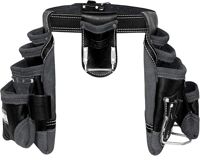 FUERI Leather Tool Belt with Suspenders Heavy Duty Bags Dual Hammer Holsters Tool Pouches for Men Construction Carpenters Electricians Framers Women Workers 16 Pockets