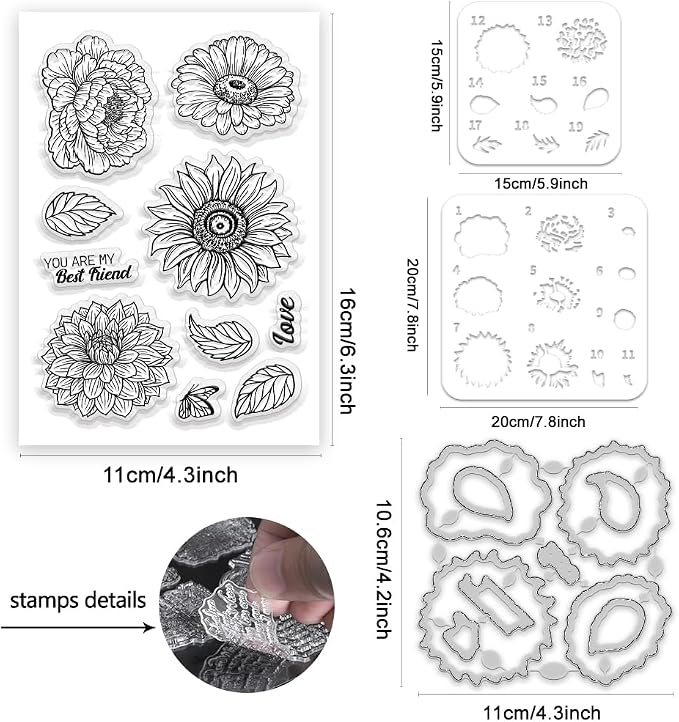 Flower Clear Stamps and Dies for Card Making Layering Coloring Stencil Set - Image 2