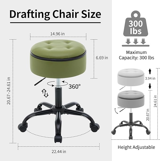 Rolling Stools with Wheels (Chair & Small Table in One) (Adjustable Height Barber Chair 20.67"-24.61"), Green Ergonomic Stool with Storage