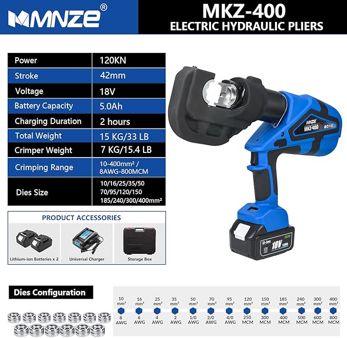 Electric Hydraulic Cable Lug Crimping Tool Range 8 AWG-800 MCM Rechargeable Crimper 12 Ton Electrical Terminal Cable Wire Fiber Crimper Kit with 13 Dies
