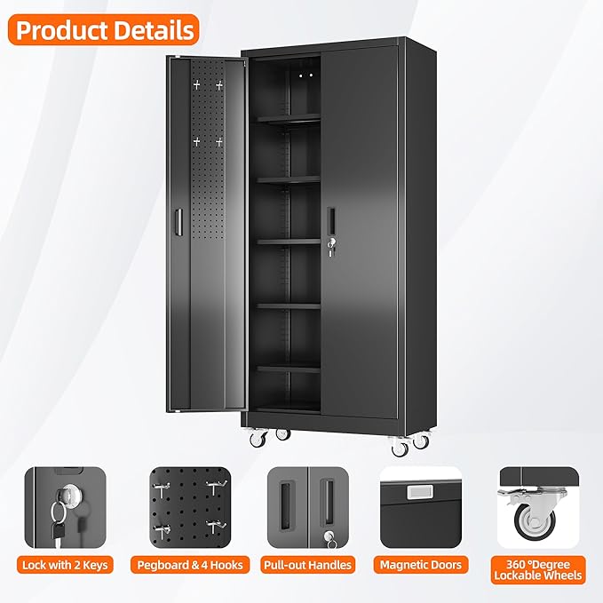 71" Metal Storage Cabinet with Wheels and Pegboard, Lockable Rolling Steel Storage Cabinet with 5 Adjustable Shelves and Door for Garage, Office, Kitchen, Assembly Required,Black