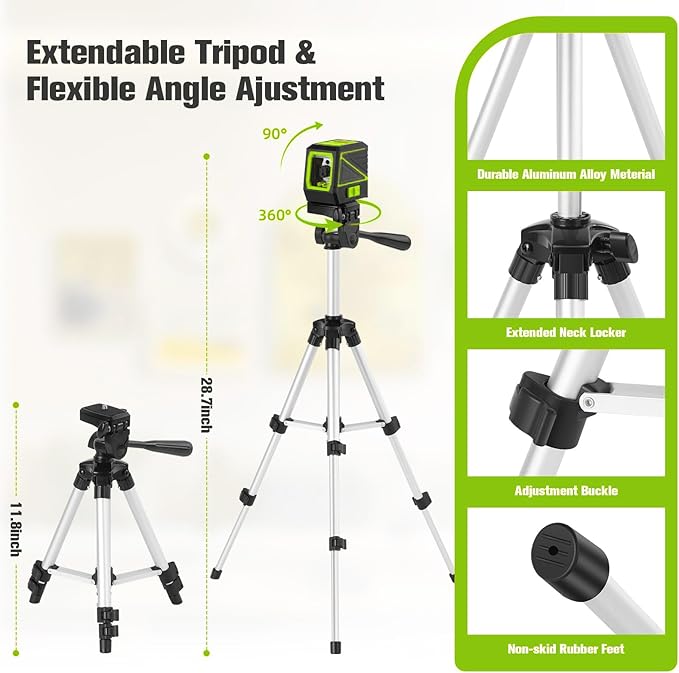 Laser Level with Tripod, 100 Ft Manual Self leveling Laser Level, Green Cross Line，Use for Picture Hanging Floor Construction Tile Wall Home Renovation, Indoor Project, Battery Included（Green)