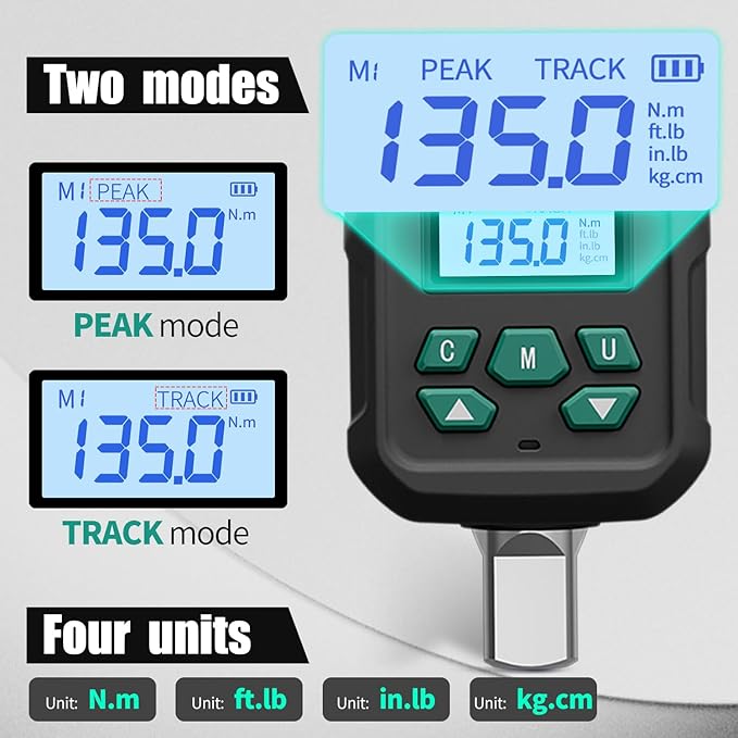 1/2-Inch Drive Digital Torque Adapter, 5-99 ft-lb (6.8-135 Nm), ±2% Accuracy - Electronic Torque Meter Gauge & Checker with Buzzer & LED Alerts for Automotive, Truck, Motorcycle & ATV Repair