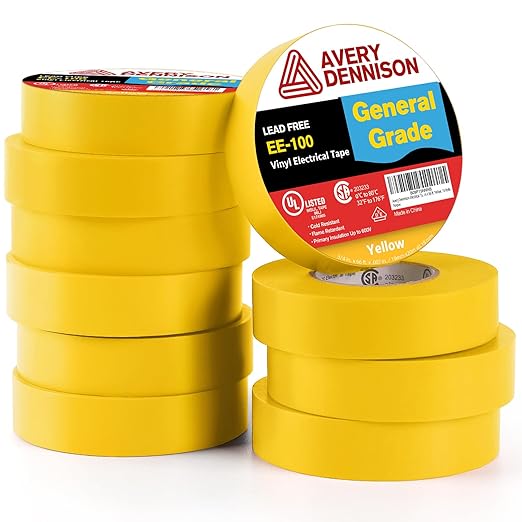 Avery Dennison Electrical Tape, 10 Rolls General Use PVC Electric Tape, UL/CSA Listed ¾ in x 66 ft Insulating Vinyl Tape for Electrical, Repairs, Automotive and Equipment, EE-100, Yellow