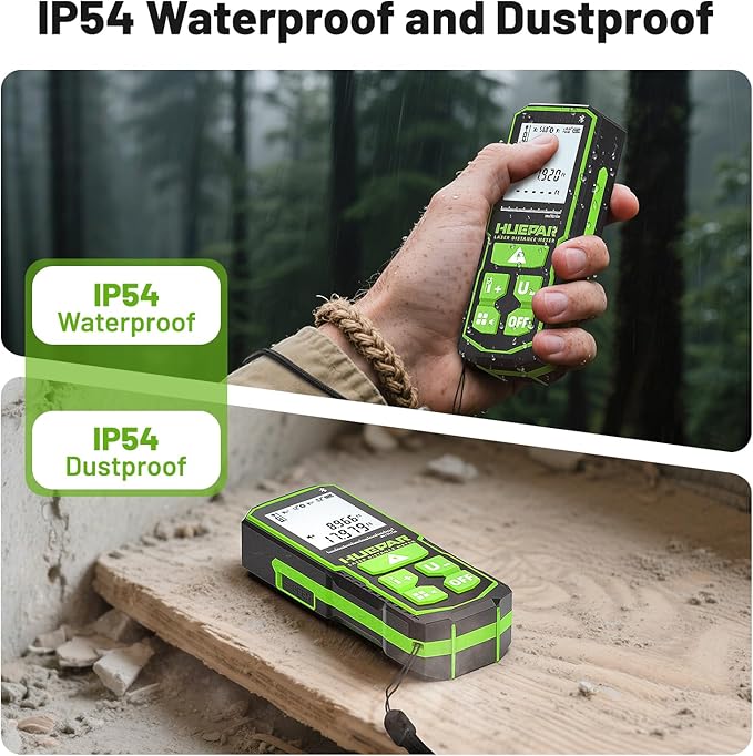 Huepar 330Ft Green Laser Measurement Tool with APP Control, Rechargeable Bluetooth Distance Meter ±1/16" High Accuracy, Angle Sensor, Multiple Modes, IP54 Waterproof Durable for Home & Construction