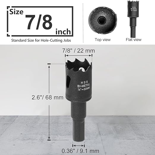 7/8 Inch Hole Saw with 9.1mm Triangle Shank Arbor, JTemgle Bi-Metal Hole Saw Heavy Duty Hole Cutting Tool for Cornhole Boards, Recessed Lights, Wood, Plastic, Drywall & Soft Metal