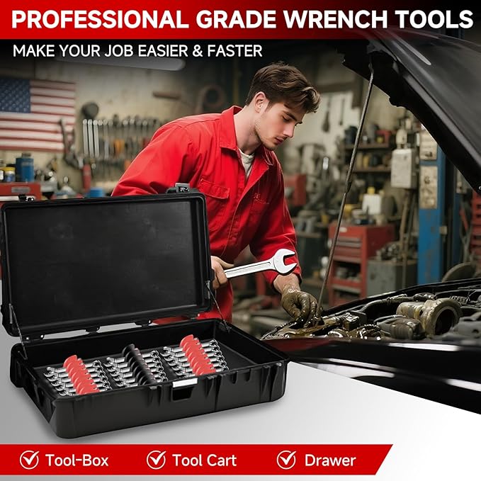 ‌Yaseingoo Magnetic Modular Wrench Organizer Set for Tool Drawers - Customizable Wrench Rack with Metric & SAE Labels, Tool Storage Holder (48-Piece, Strong Magnets) - Gift for Men/Father/Brother-Red