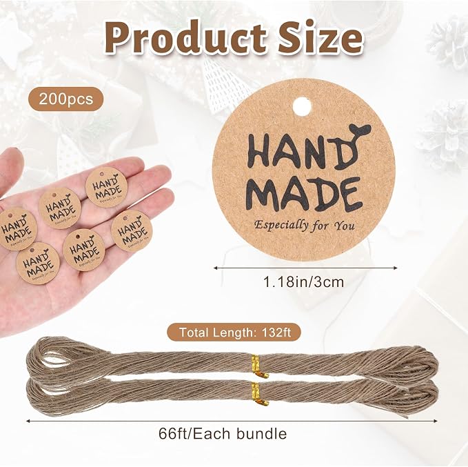 200PCS Handmade Tags with String Brown Gift Tags 1.2” Custom Tag - Image 2