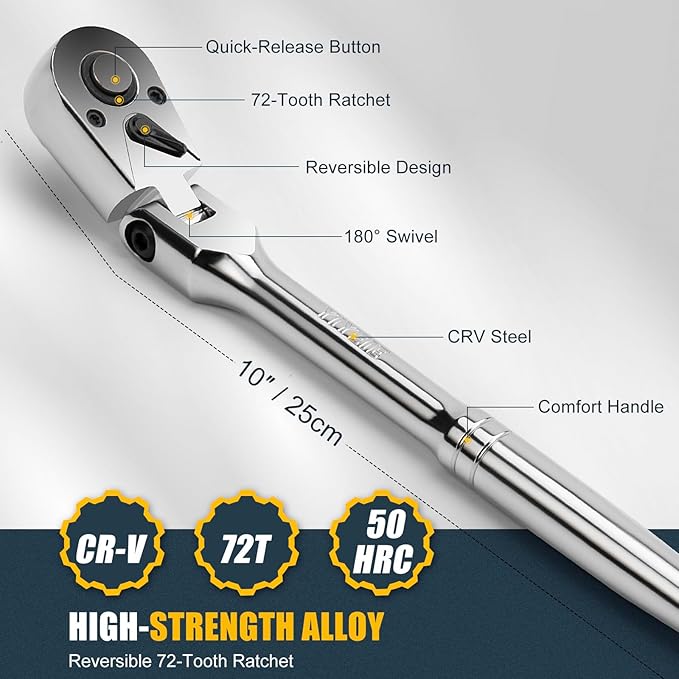 3/8" Drive Flex Head Ratchet, 72 Tooth Swivel Head Ratchet, Quick-Release, CR-V Steel, Flexible Ratchet Wrench with EVA Foam | 10 Inch Long