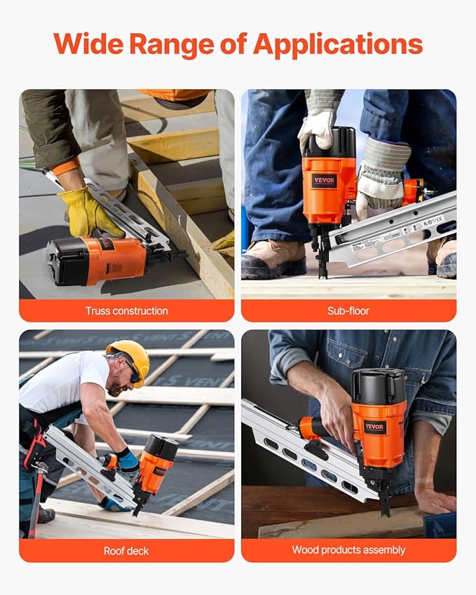 VEVOR Framing Nailer, 80-120PSI Air Nail Gun, 2" to 3-1/2" 21 Degree Full Round Head Pneumatic Framing Nailer with Tool-Less Depth Adjustment & Dual Trigger Modes, Ideal for Framing Decking Flooring