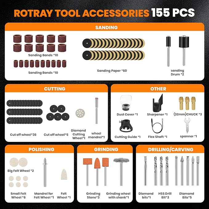 200W Corded Rotary Tool Kit with Fine Speed Control & Flex Shaft 8000-40000 RPM Digital Display, 155Pcs Accessories for Crafting, Cutting, Sanding, Polishing, Drilling, Carving, DIY Projects