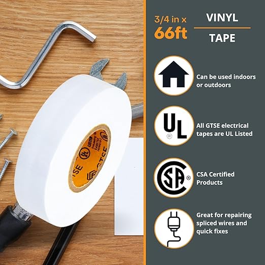 GTSE White Electrical Tape, 10 Rolls – Waterproof, Industrial Grade Vinyl, 3/4 in x 66ft– Strong Self-Adhesive PVC Electric Tape for Wire Insulation, 7 Mil, 600V – UL/CSA Listed