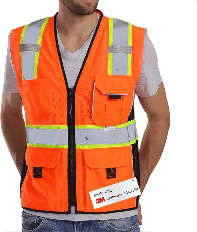 Dib Safety Vest Reflective Orange Mesh, High Visibility Vest with Pockets and Zipper, Heavy Duty Vest Made with 3M Reflective Tape 2XL