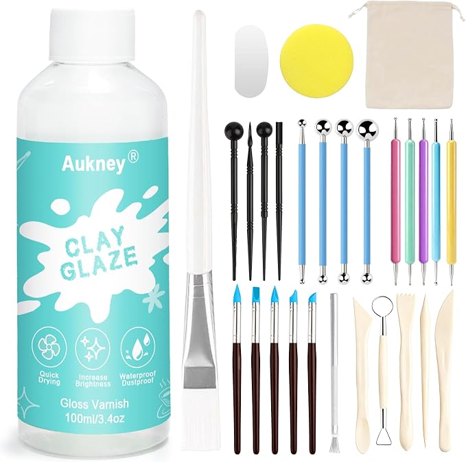 Aukney 100ML Air Dry Clay Varnish and 29pcs Tool Kit, High Gloss Air Dry Clay by Aukney
