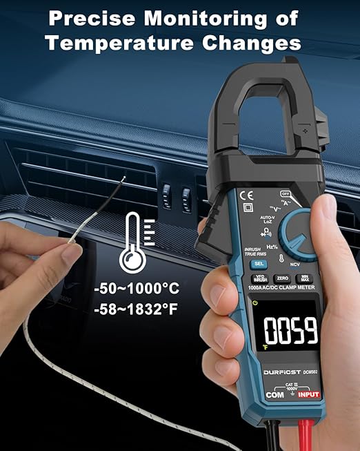 Clamp Meter DURFICST Digital Inrush Clamp Multimeter AC/DC 1000A 6000 Counts Amp Voltage Tester with VFD, LOZ Mode,Measures AC/DC Current Voltage NCV Temperature Resistance Capacitance Frequency