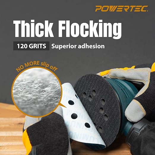 POWERTEC 5 Inch 8-Hole Hook and Loop Diamond Shaped Sanding Discs, 50PK, 120 Grit for Random Orbital Sanders – J-Weight Cloth Backing for Long Life, Anti-Clog Sandpaper (44912)