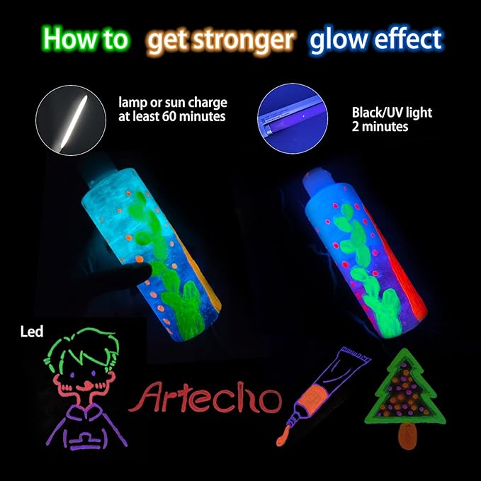 Artecho Glow in the Dark Acrylic Paint Set – 12 Colors x 11ml | Non-Toxic - Image 5
