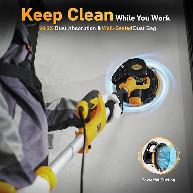 Drywall Sander, 880W 7.33A Electric Drywall Sander with Vacuum Dust Collector, 5 Variable Speed 1000-2100RPM, LED Light, Foldable & Extendable Handle, 12 Sanding Discs
