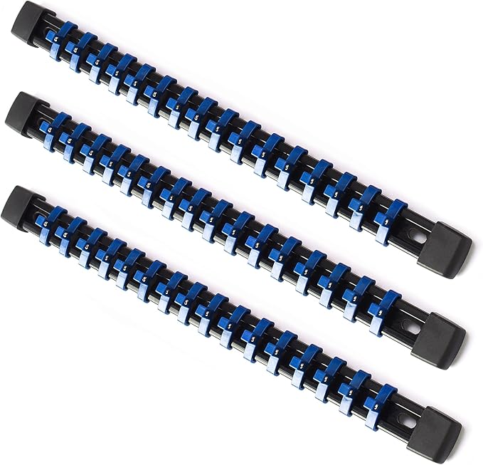 ALOANES 3 PC ABS Socket Organizer, 1/4 inch, Drive Socket Rail Holders, Heavy Duty Socket Racks, Black Rails with Blue Clips