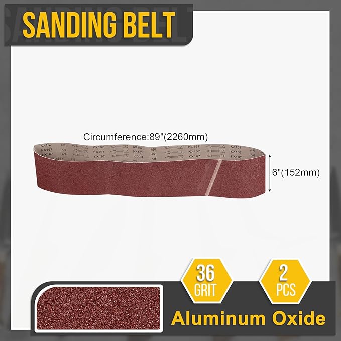 6 x 89 Inch Sanding Belt, 2 Pcs 36 Grit Knife Sharpener Belts Work Sharpening for Belt Sander Knife Carving Tool Metal Working