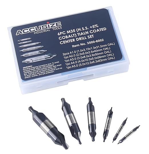 Accusize Industrial Tools (#1-#5), SAE 3.15mm-12.5mm, 6 Pc ANSI M35 (H.S.S. +5% Cobalt) TiAlN Coated Center Drill Bit Set, Metric Sizes, 3500-6002
