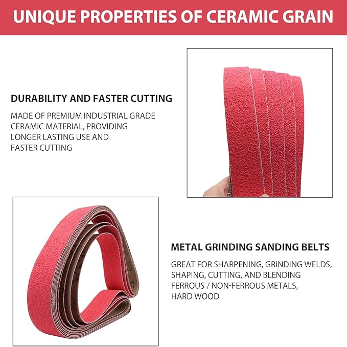 2 x 42 Inch Ceramic Sanding Belts, 2x42 Metal Grinding Belts, 36/40/60/80/120 Grits Sander Belt for Knife Sharpening, 5 Pack