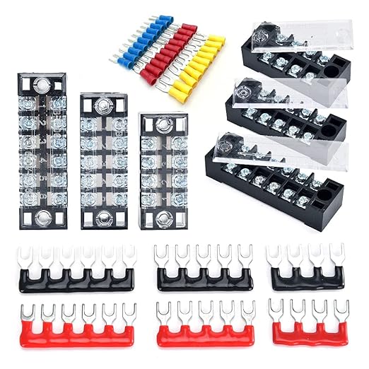 6 Sets Terminal Blocks, 6Pcs 4/5/6 Positions 600V 15A Dual Row Screw Terminal Strip Block + 6Pcs Pre-Insulated Terminals Barrier Strip + 60Pcs Insulated Fork Wire Connector…