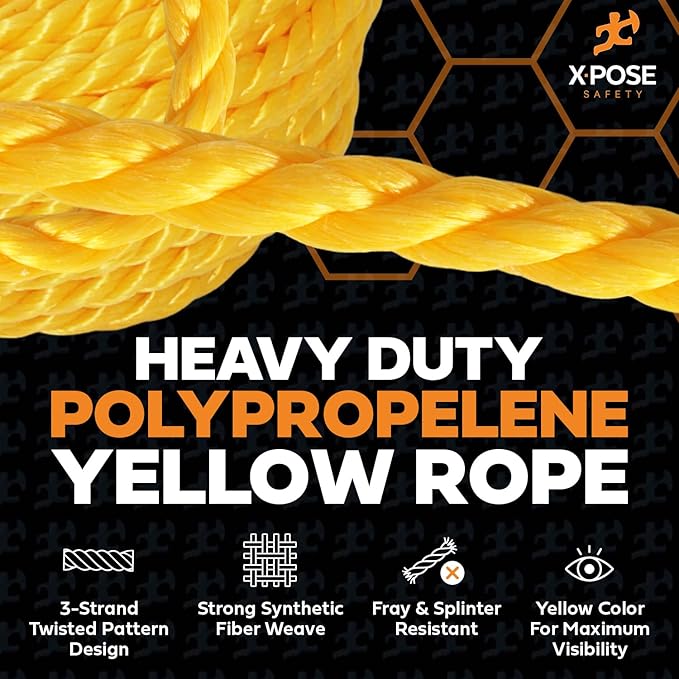 Yellow Twisted Polypropylene Rope, 1/2" Thickness x 600' Length Heavy Duty Poly Ropes for Outdoor and Marine Use, Yellow Rope for Visibility & Safety