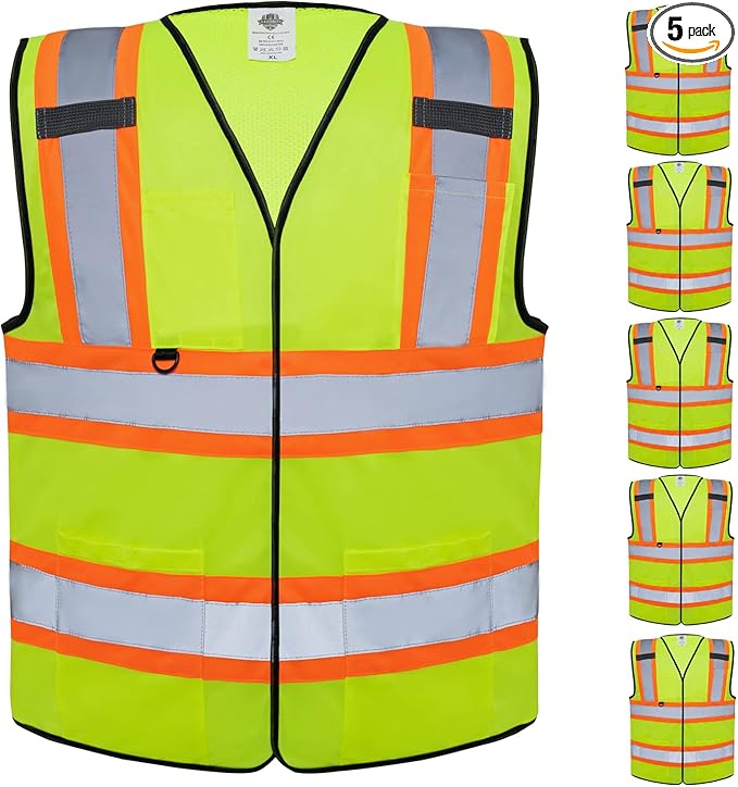 Dazonity Safety Vest with Multi-Pockets,5pcs,Reflective & High Visibility for Work,Construction,Parking,Warehouse,Yellow
