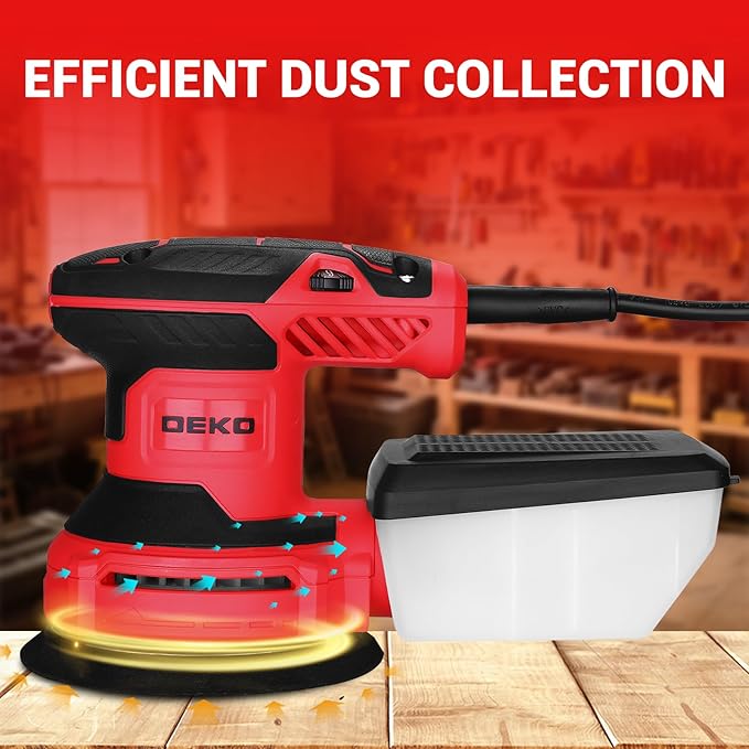 Orbital Sander Corded Hand Sander: DEKOPRO 5" Random Orbital Sander with Dust Box, 6 Various Speeds Electric Palm Sander with Dust Box, 16Pcs Sandpapers for Woodworking & Sanding (Red)